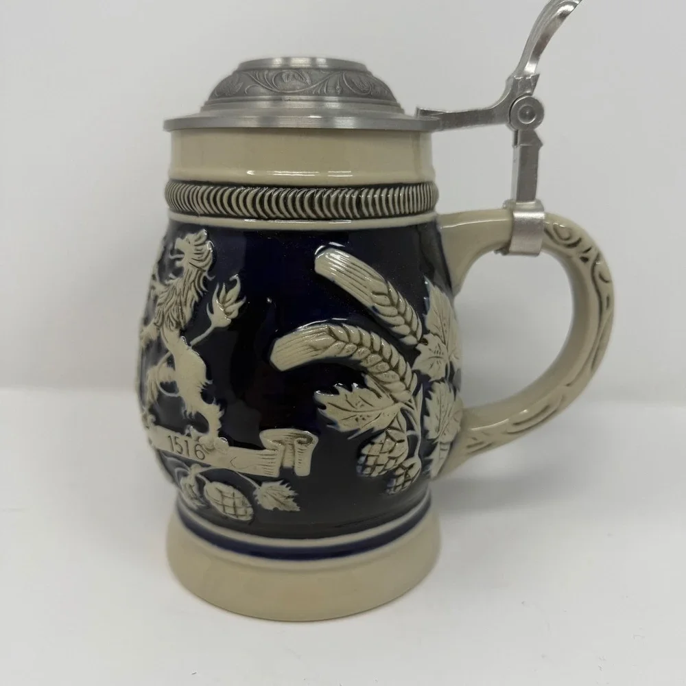 Domex Made in Germany Beer Stein Pewter Lid Ceramic Cobalt Blue Lion Barrel